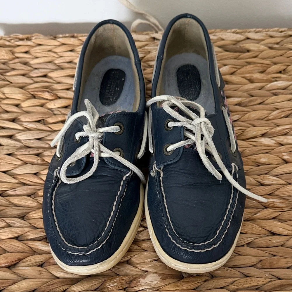 Sperry Topsider Navy Blue Boat Shoes with Plaid Detail GUC - Picture 2 of 5